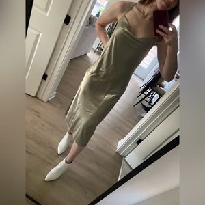 Satin green formal dress with open back